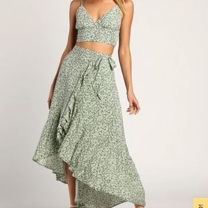 Summer Romance Sage Green Floral Print Two-Piece Midi Dress
